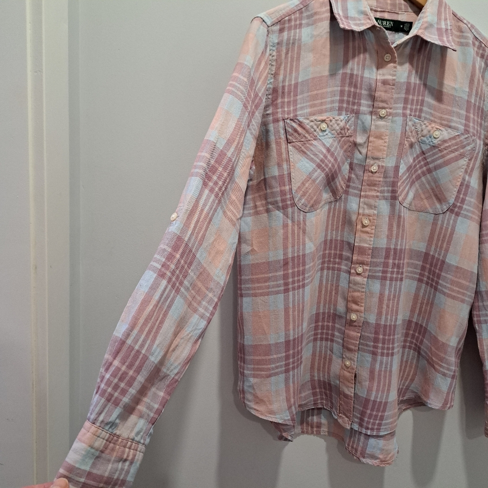 LRL Pastel Plaid Linen Button-Up Classic Coastal Cottage Preppy Shirt Womens M - Picture 3 of 14